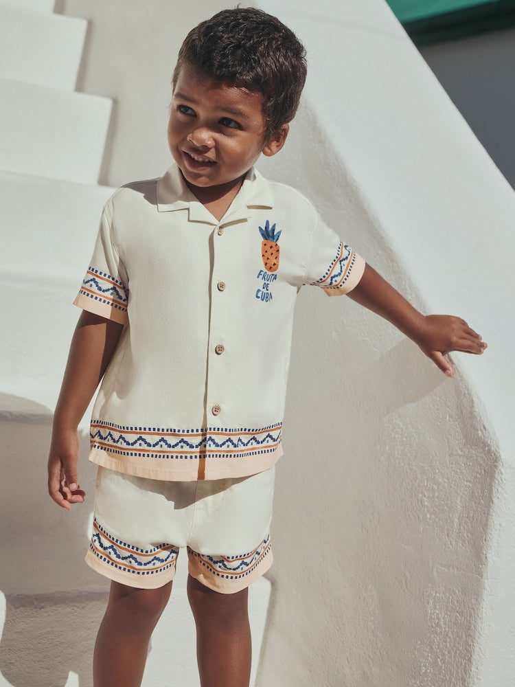 Ecru Fruta de Cuba Print Short Sleeve Revere Collar Shirt & Shorts Set (3mths-10yrs)