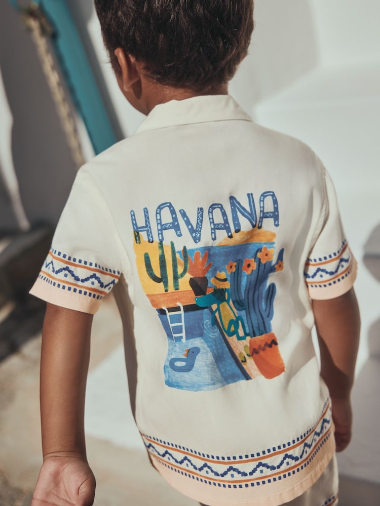 Ecru Fruta de Cuba Print Short Sleeve Revere Collar Shirt & Shorts Set (3mths-10yrs)