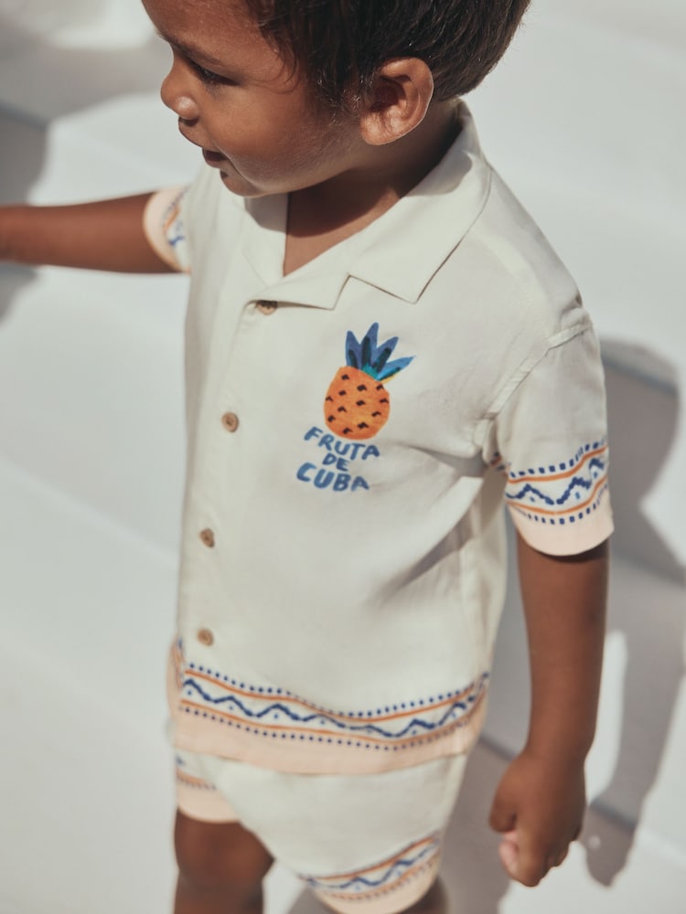 Ecru Fruta de Cuba Print Short Sleeve Revere Collar Shirt & Shorts Set (3mths-10yrs)