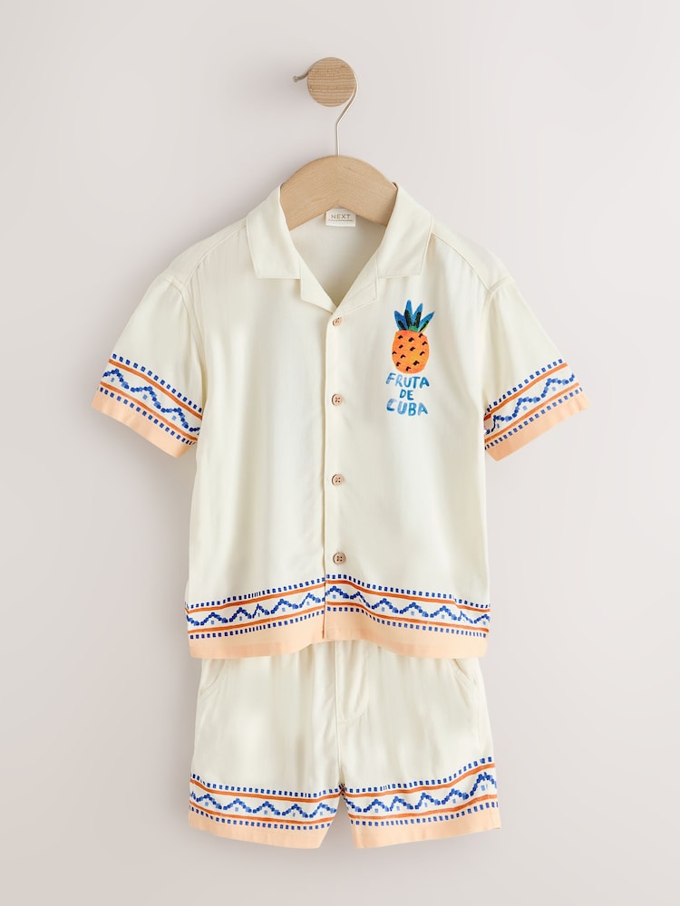 Ecru Fruta de Cuba Print Short Sleeve Revere Collar Shirt & Shorts Set (3mths-10yrs)