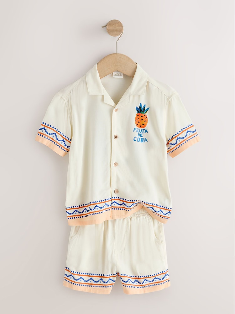 Ecru Fruta de Cuba Print Short Sleeve Revere Collar Shirt & Shorts Set (3mths-10yrs)