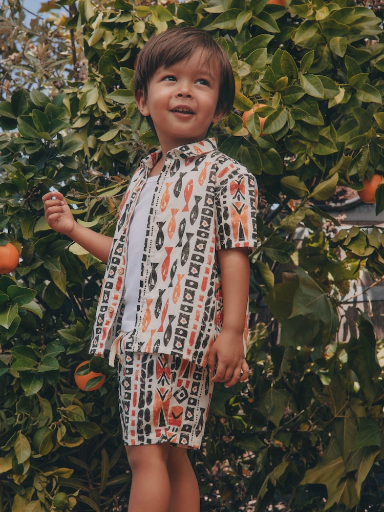 Ecru All Over Print Fish Short Sleeve AOP Shirt and Shorts Set (3mths-10yrs) - Size 3-6 Months (62-68cm) - Ecru All Over Print Fish