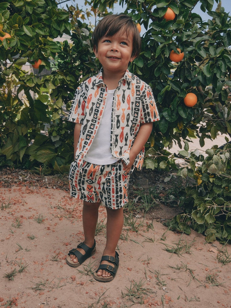 Ecru All Over Print Fish Short Sleeve AOP Shirt and Shorts Set (3mths-10yrs)