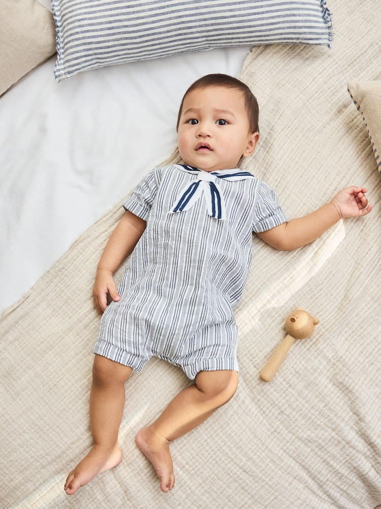 Blue Stripe Woven Baby Romper (0mths-3yrs)