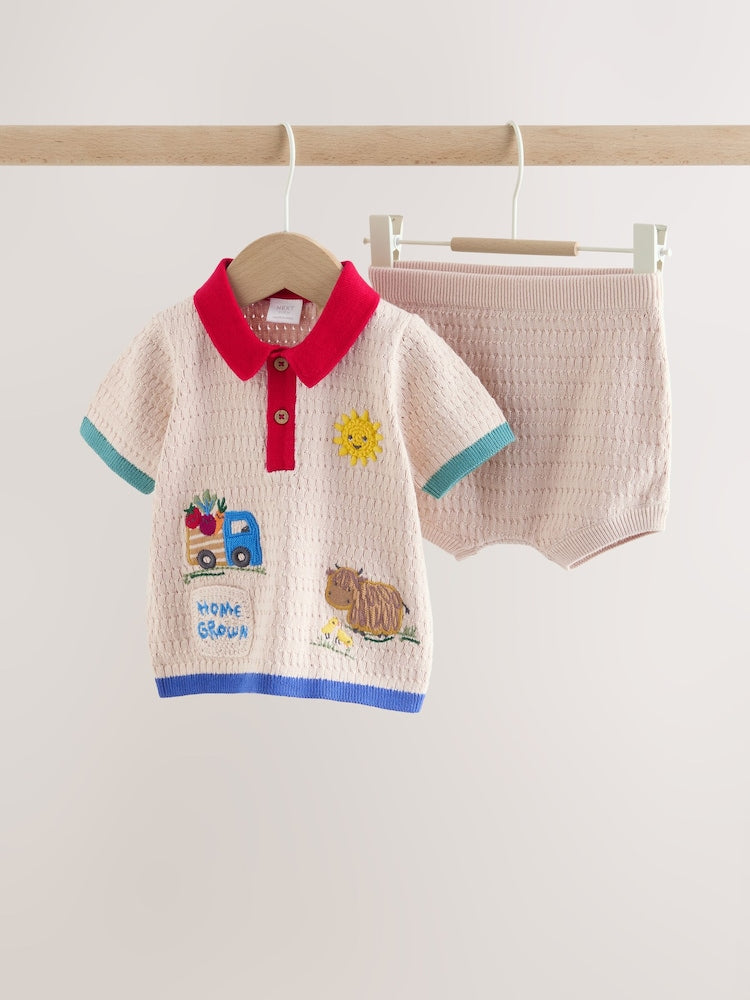 Neutral/Bright Farm Knitted Top and Shorts Baby Set (0mths-2yrs)