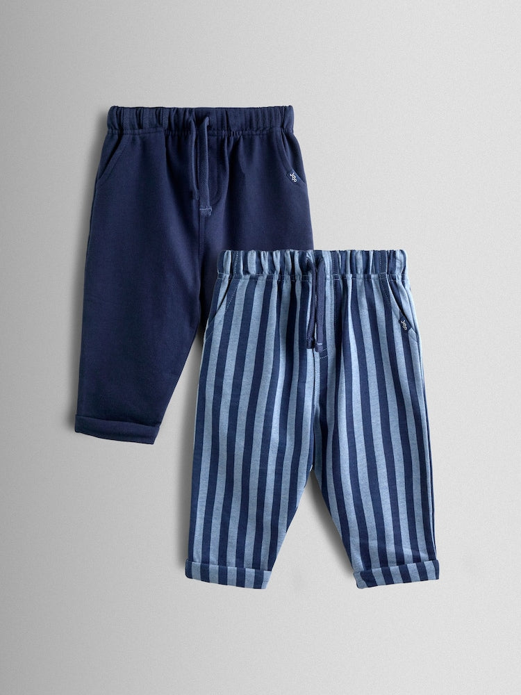 JoJo Maman Bébé Navy Blue 2-Pack Stripe & Plain Joggers - Size 6-12 Months (68-80cm) - Navy Blue
