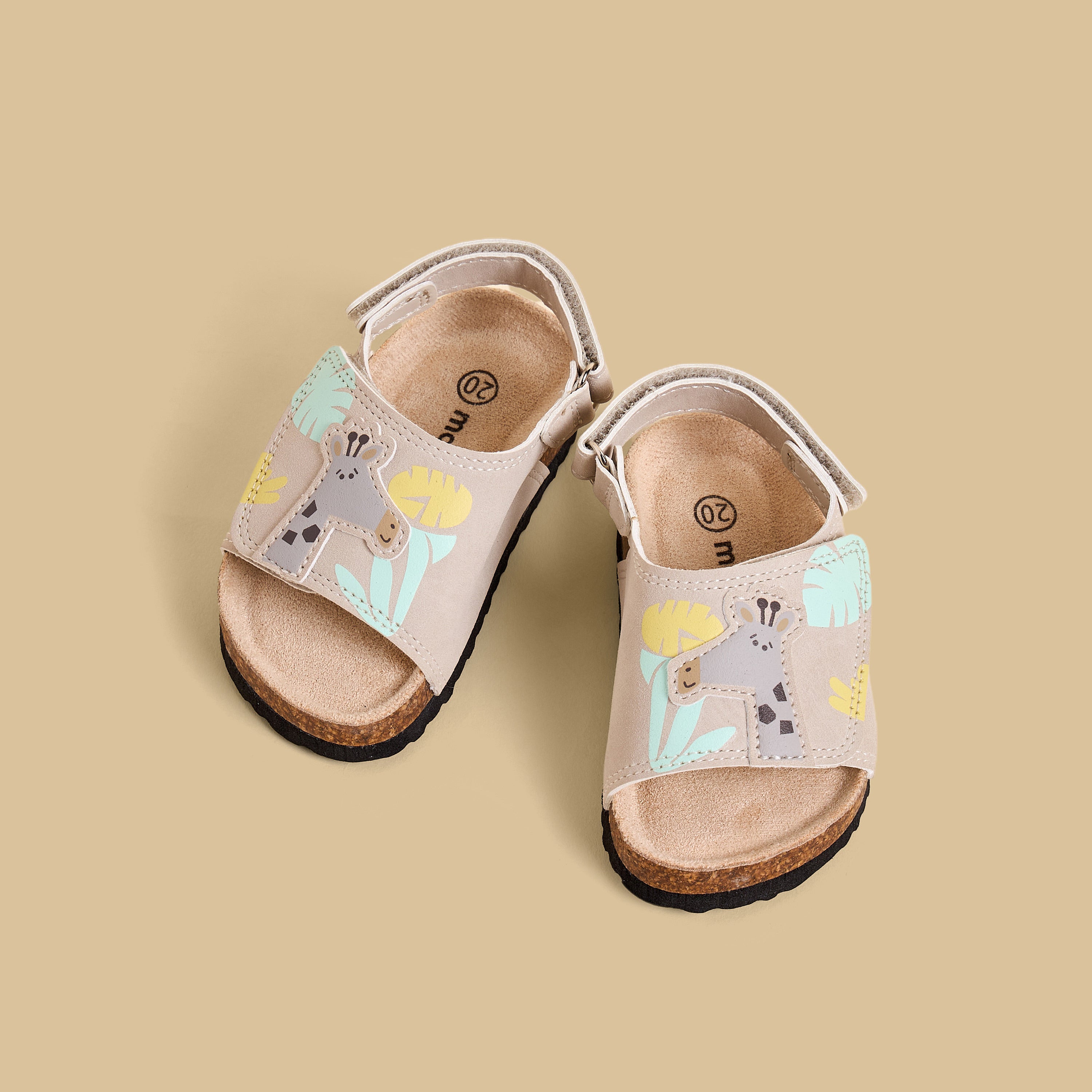 Giraffe Applique Sandals with Hook and Loop Closure - Cream / 20