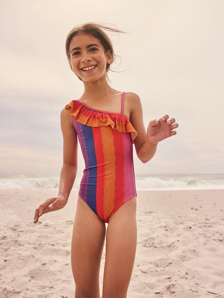 Multi Glitter Stripe One Shoulder Swimsuit (3-16yrs)