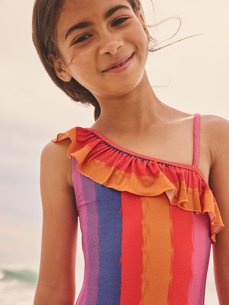 Multi Glitter Stripe One Shoulder Swimsuit (3-16yrs)