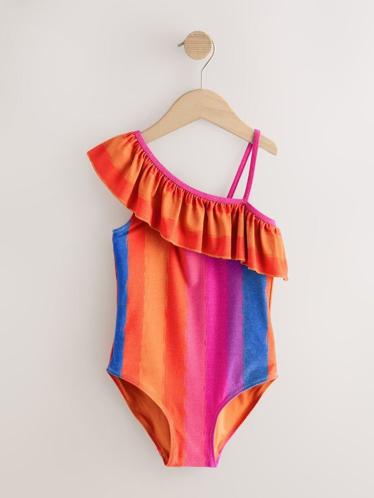 Multi Glitter Stripe One Shoulder Swimsuit (3-16yrs)