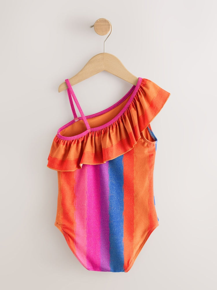 Multi Glitter Stripe One Shoulder Swimsuit (3-16yrs)
