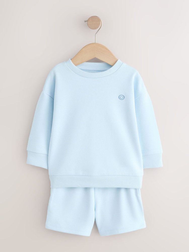 Light Blue Single Plain Crew Neck Sweatshirt and Shorts Set (3mths-7yrs)