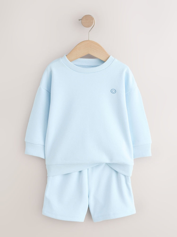 Light Blue Single Plain Crew Neck Sweatshirt and Shorts Set (3mths-7yrs)