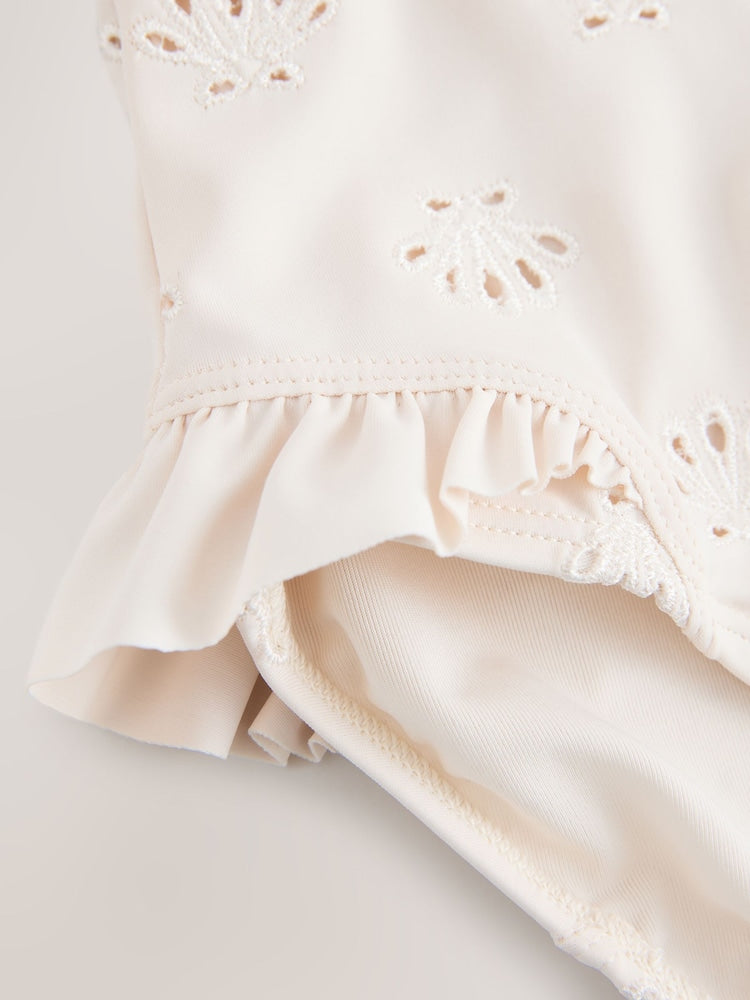 White Embroidered Shell Long Sleeved Sunsafe Swimsuit (3-16yrs)