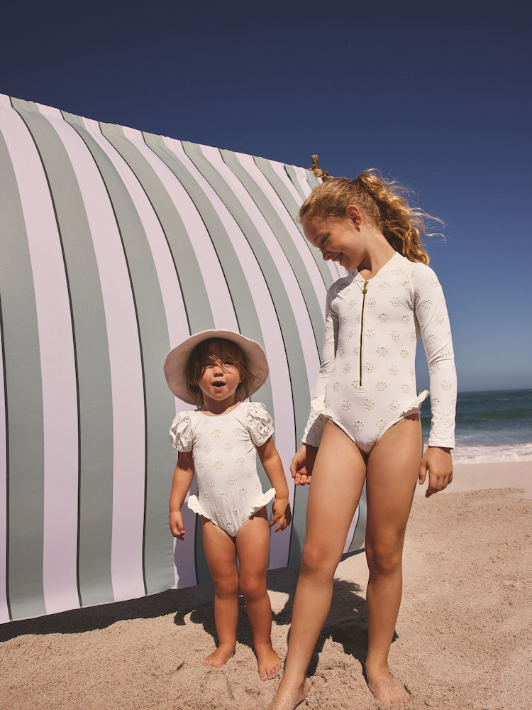 White Embroidered Shell Long Sleeved Sunsafe Swimsuit (3-16yrs)