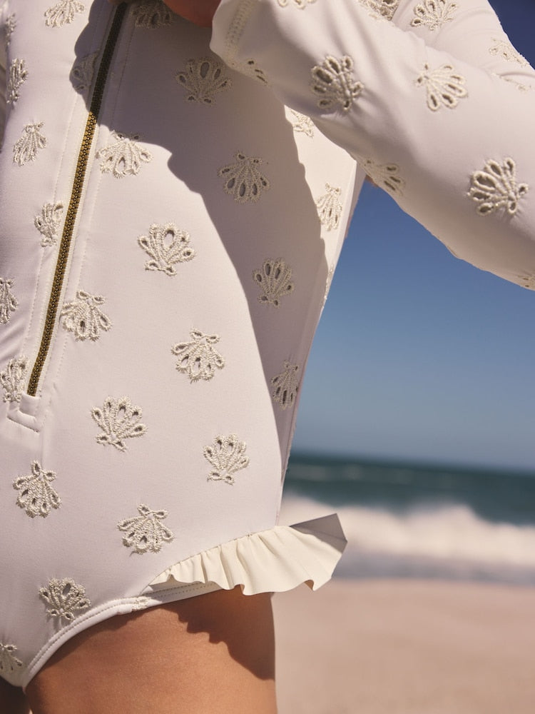 White Embroidered Shell Long Sleeved Sunsafe Swimsuit (3-16yrs)