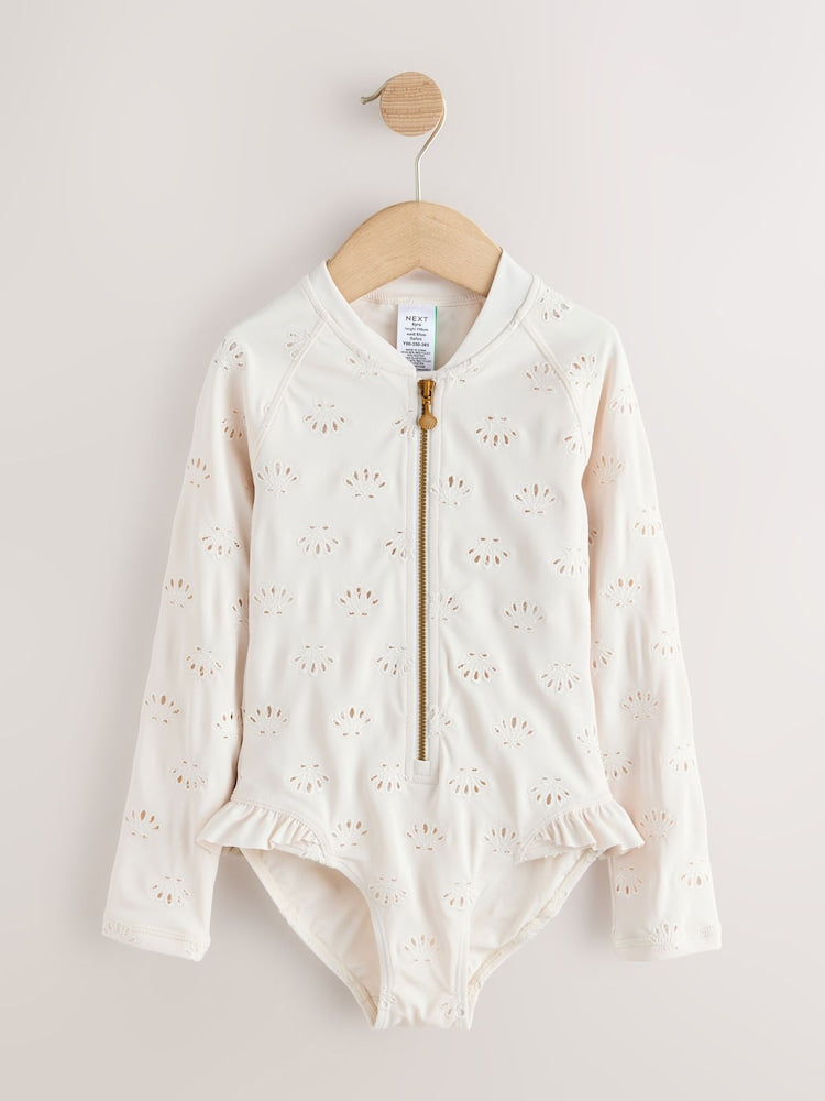 White Embroidered Shell Long Sleeved Sunsafe Swimsuit (3-16yrs)