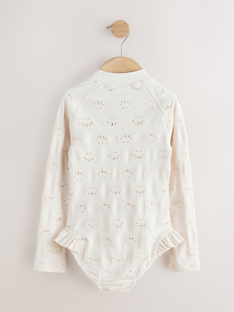 White Embroidered Shell Long Sleeved Sunsafe Swimsuit (3-16yrs)