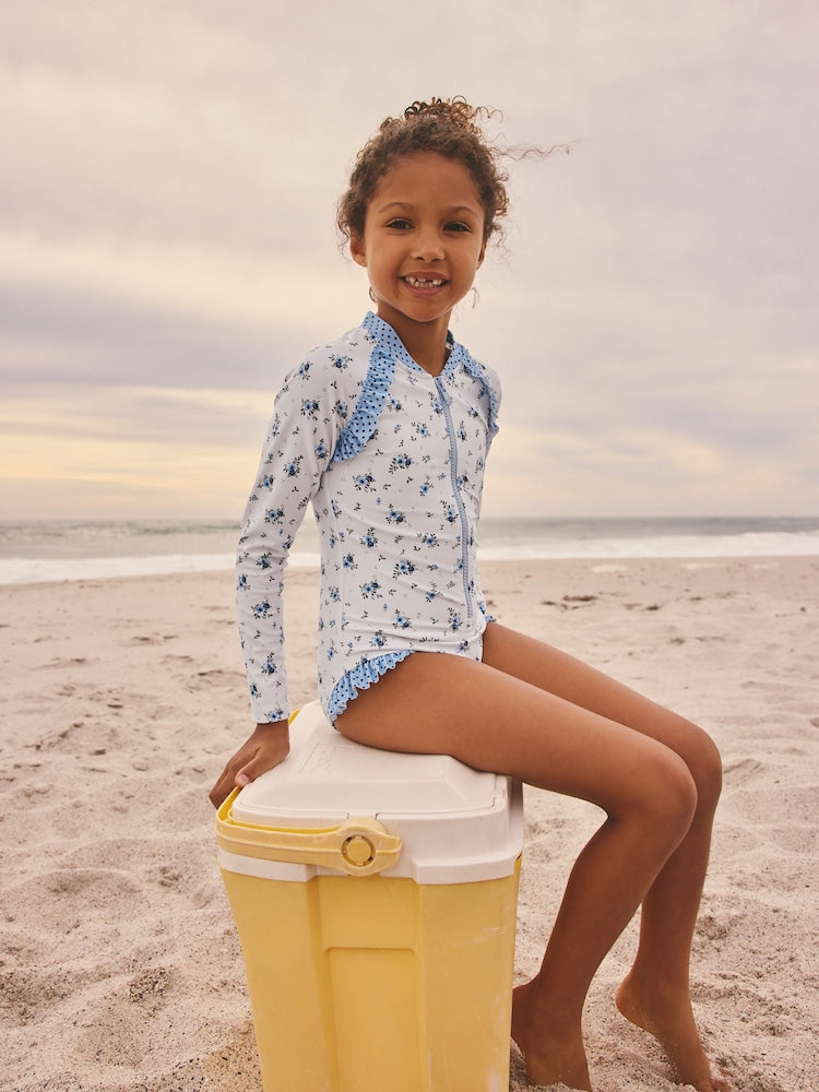 Blue/White Floral Polka Dot Long Sleeve Sunsafe Swimsuit (3mths-16yrs)