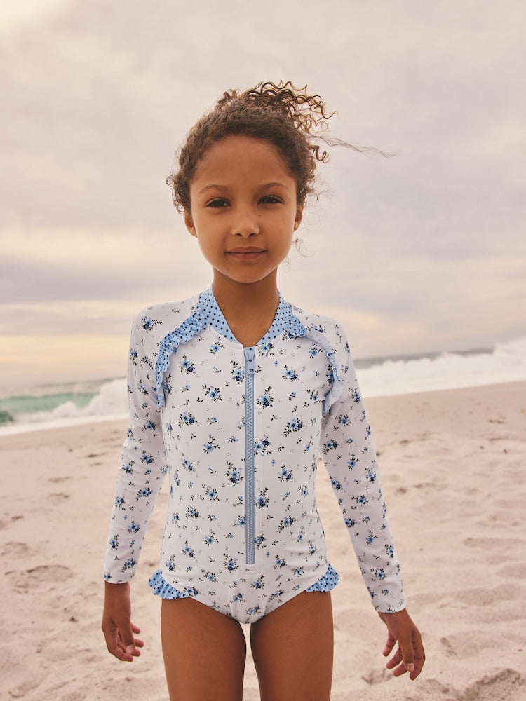 Blue/White Floral Polka Dot Long Sleeve Sunsafe Swimsuit (3mths-16yrs)