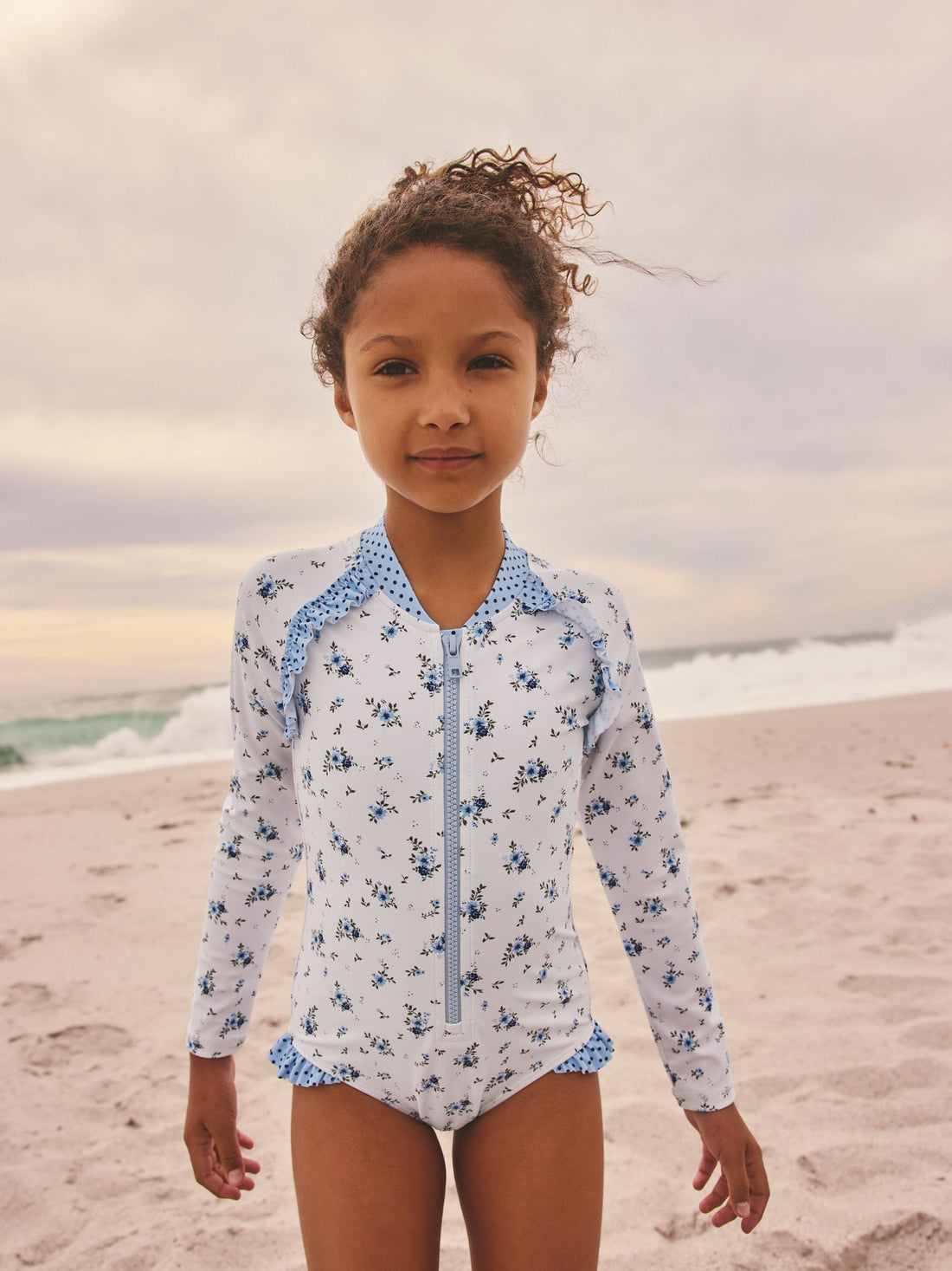 Blue/White Floral Polka Dot Long Sleeve Sunsafe Swimsuit (3mths-16yrs) - Size 3 Years (98cm)