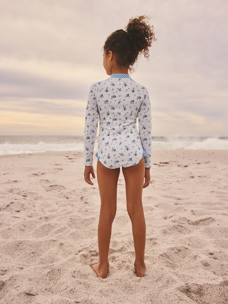 Blue/White Floral Polka Dot Long Sleeve Sunsafe Swimsuit (3mths-16yrs)