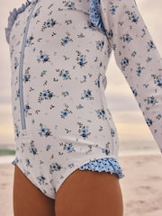 Blue/White Floral Polka Dot Long Sleeve Sunsafe Swimsuit (3mths-16yrs) - Size 3 Years (98cm)