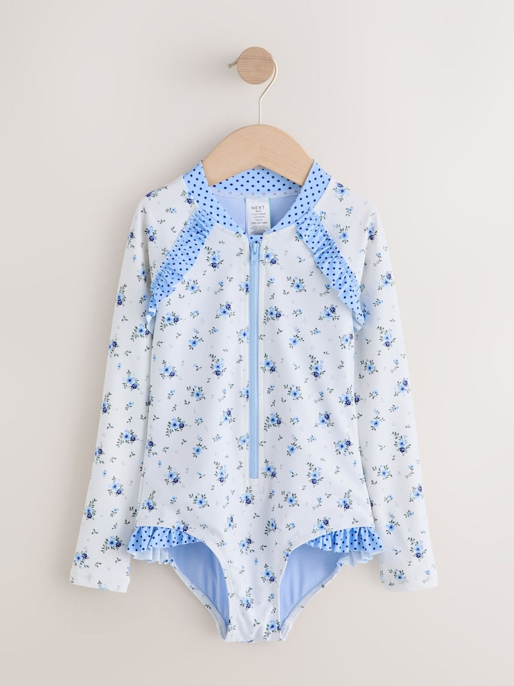Blue/White Floral Polka Dot Long Sleeve Sunsafe Swimsuit (3mths-16yrs)