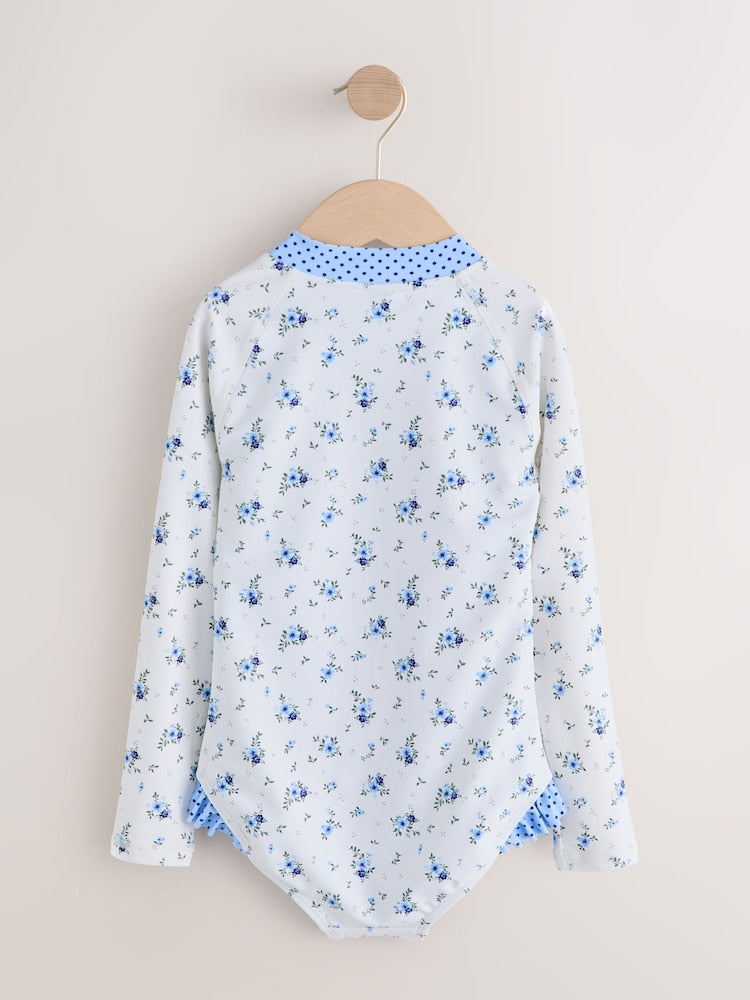 Blue/White Floral Polka Dot Long Sleeve Sunsafe Swimsuit (3mths-16yrs)