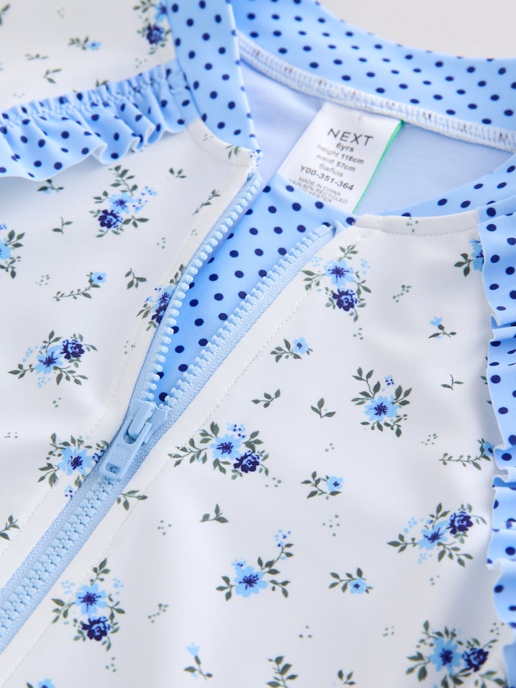 Blue/White Floral Polka Dot Long Sleeve Sunsafe Swimsuit (3mths-16yrs)
