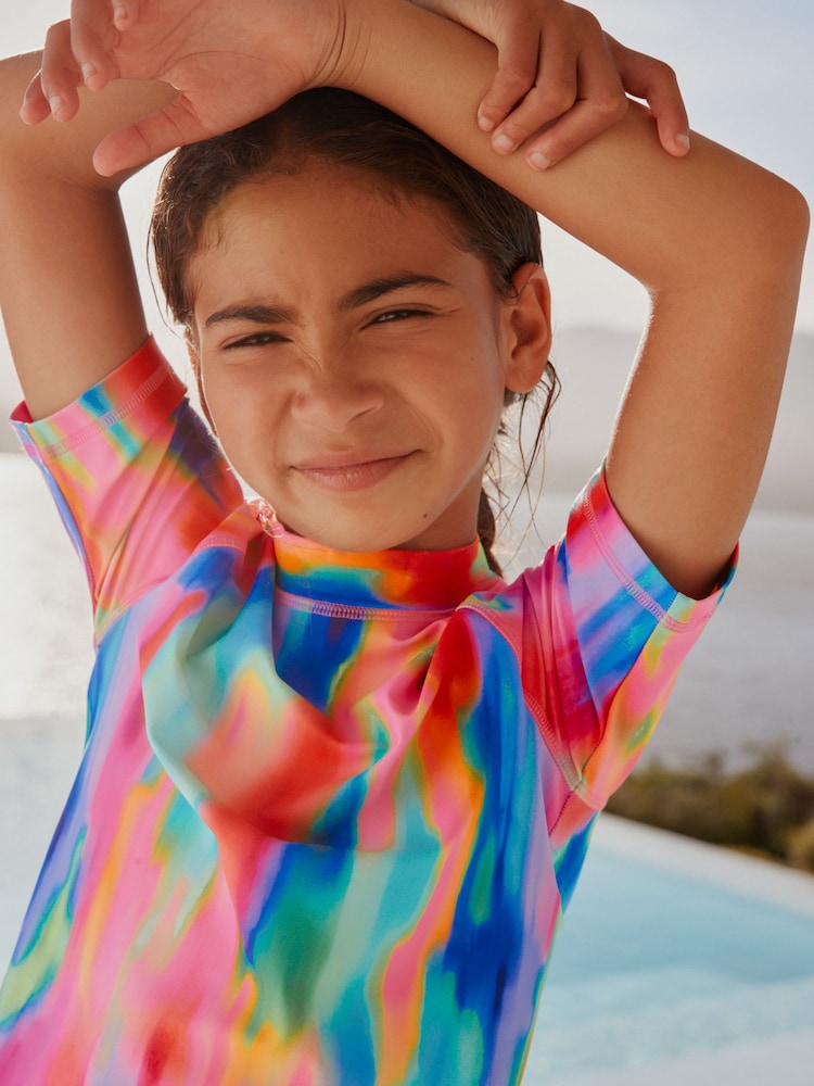 Rainbow Tie Dye Sunsafe Rash Vest And Shorts Swim Set (3-16yrs)