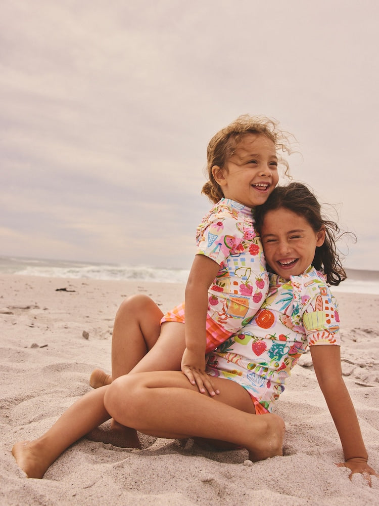 Orange Picnic Scene Short Sleeved Sunsafe Swim Set (3mths-10yrs)