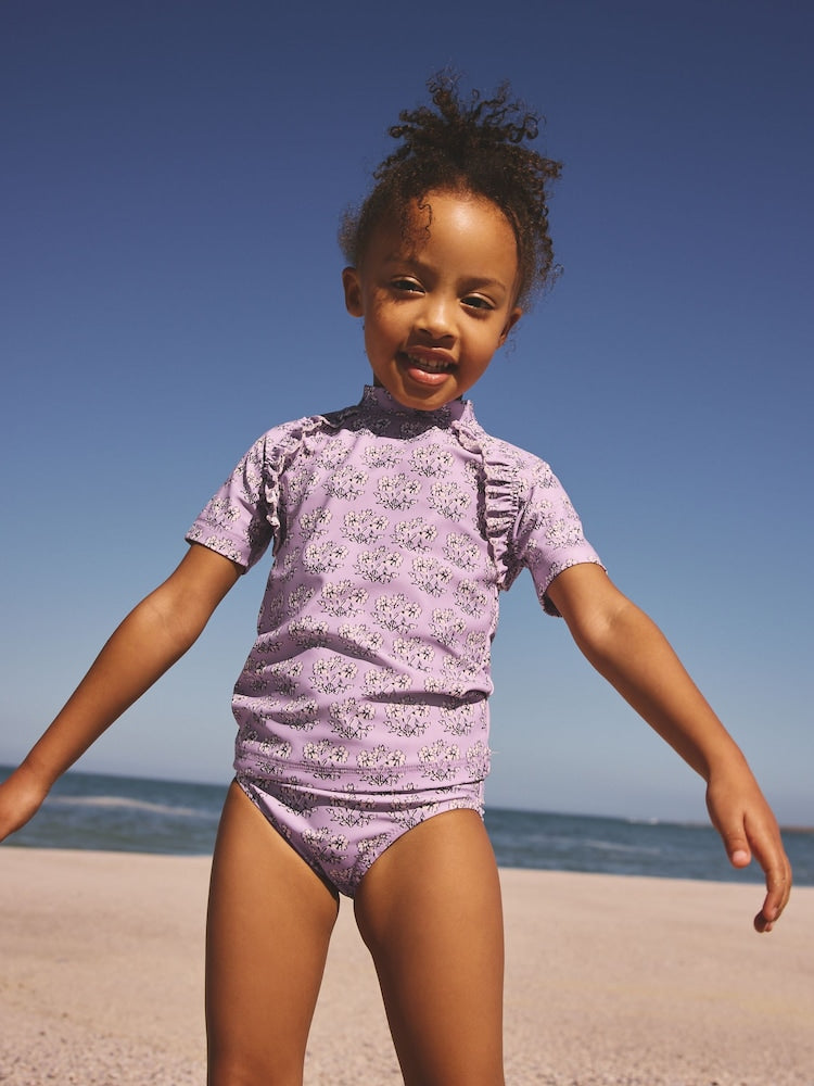 Lilac Purple Ditsy Floral Short Sleeved Sunsafe Swim Set (3mths-10yrs)