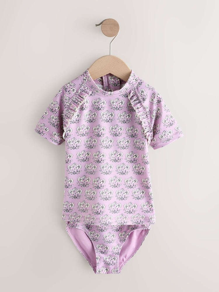 Lilac Purple Ditsy Floral Short Sleeved Sunsafe Swim Set (3mths-10yrs)