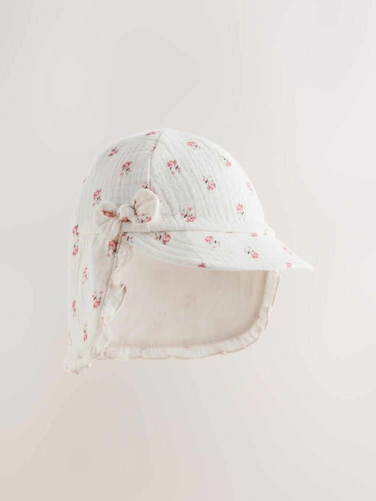 White Floral Woven Legionnaire Baby Hat - Up To 3 Months (50 - 62cm)