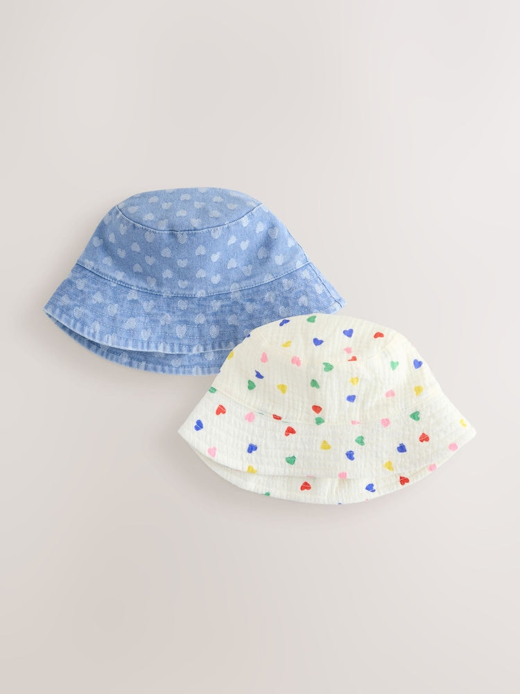 White/Blue Baby Bucket Hats 2 Pack - White/Blue / Up to 1 Month (50-56cm)