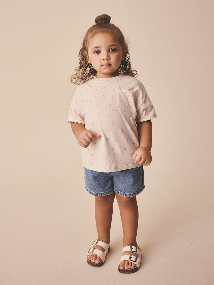 Ecru White Ditsy Floral Short Sleeve Ric Rac Trim T-Shirt (3mths-7yrs)