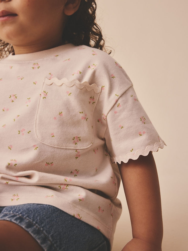 Ecru White Ditsy Floral Short Sleeve Ric Rac Trim T-Shirt (3mths-7yrs)