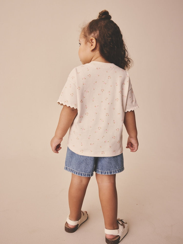 Ecru White Ditsy Floral Short Sleeve Ric Rac Trim T-Shirt (3mths-7yrs)