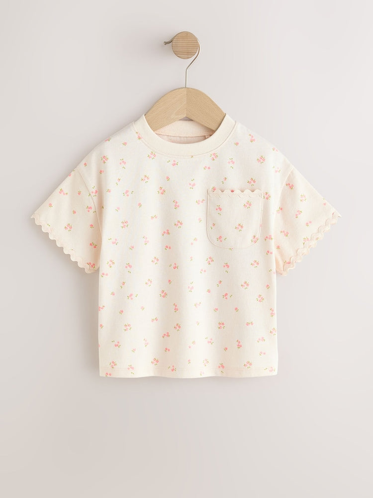 Ecru White Ditsy Floral Short Sleeve Ric Rac Trim T-Shirt (3mths-7yrs)