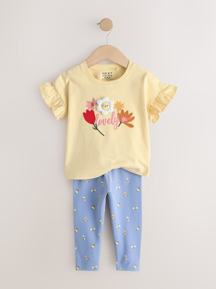 Yellow Padded Flower Short Sleeve T-Shirt and Leggings Set (3mths-7yrs)