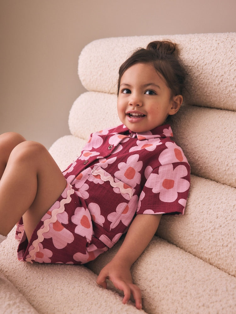 Pink/Plum Stampy Flower Short Sleeve Button Shirt and Shorts Set (3mths-7yrs)