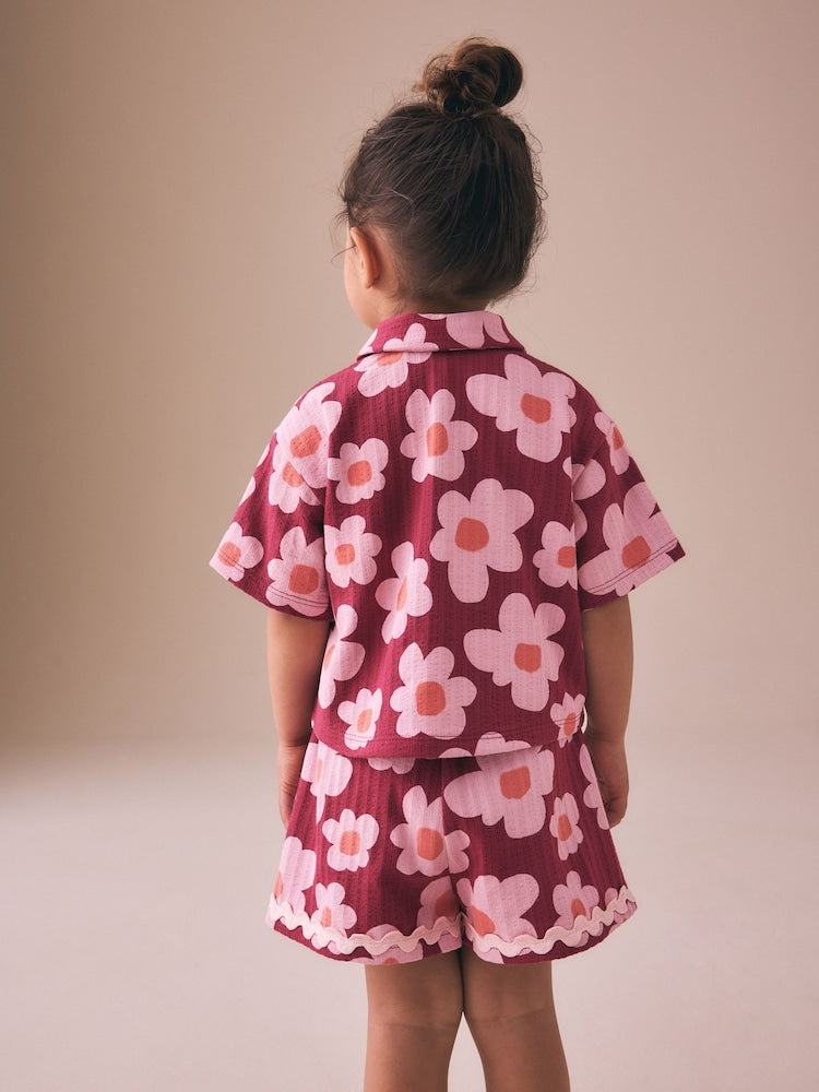 Pink/Plum Stampy Flower Short Sleeve Button Shirt and Shorts Set (3mths-7yrs)