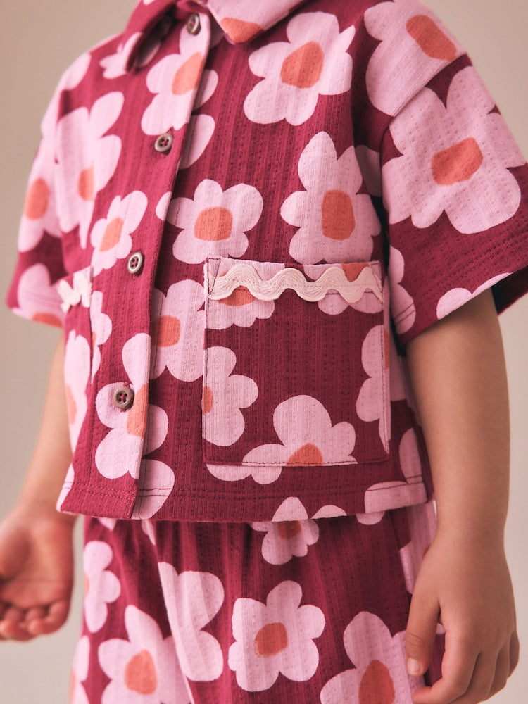 Pink/Plum Stampy Flower Short Sleeve Button Shirt and Shorts Set (3mths-7yrs)