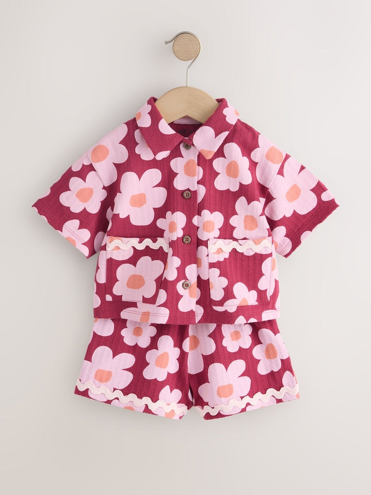 Pink/Plum Stampy Flower Short Sleeve Button Shirt and Shorts Set (3mths-7yrs)