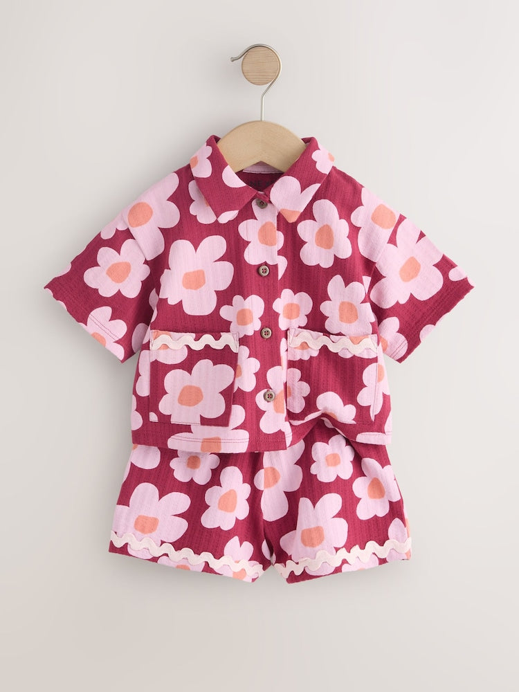 Pink/Plum Stampy Flower Short Sleeve Button Shirt and Shorts Set (3mths-7yrs)
