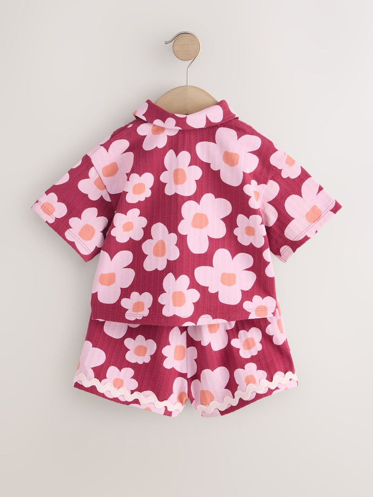 Pink/Plum Stampy Flower Short Sleeve Button Shirt and Shorts Set (3mths-7yrs)