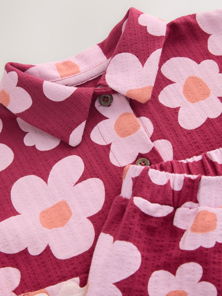 Pink/Plum Stampy Flower Short Sleeve Button Shirt and Shorts Set (3mths-7yrs)