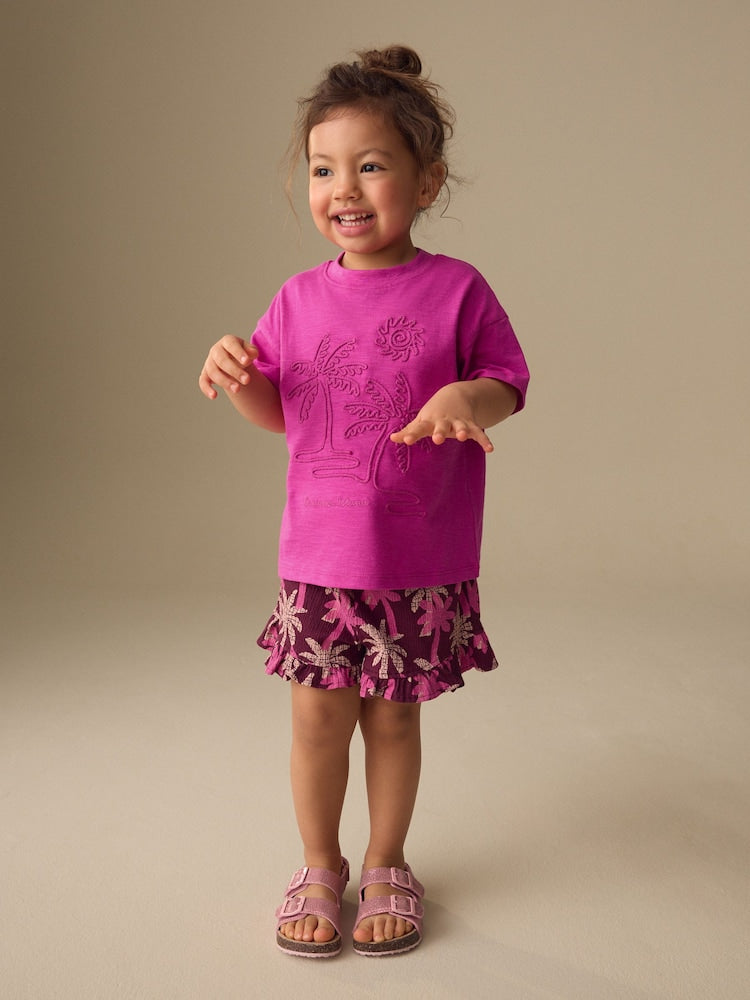 Pink/Purple Palm Tree Embroidery Short Sleeve Top and Shorts Set (3mths-7yrs)