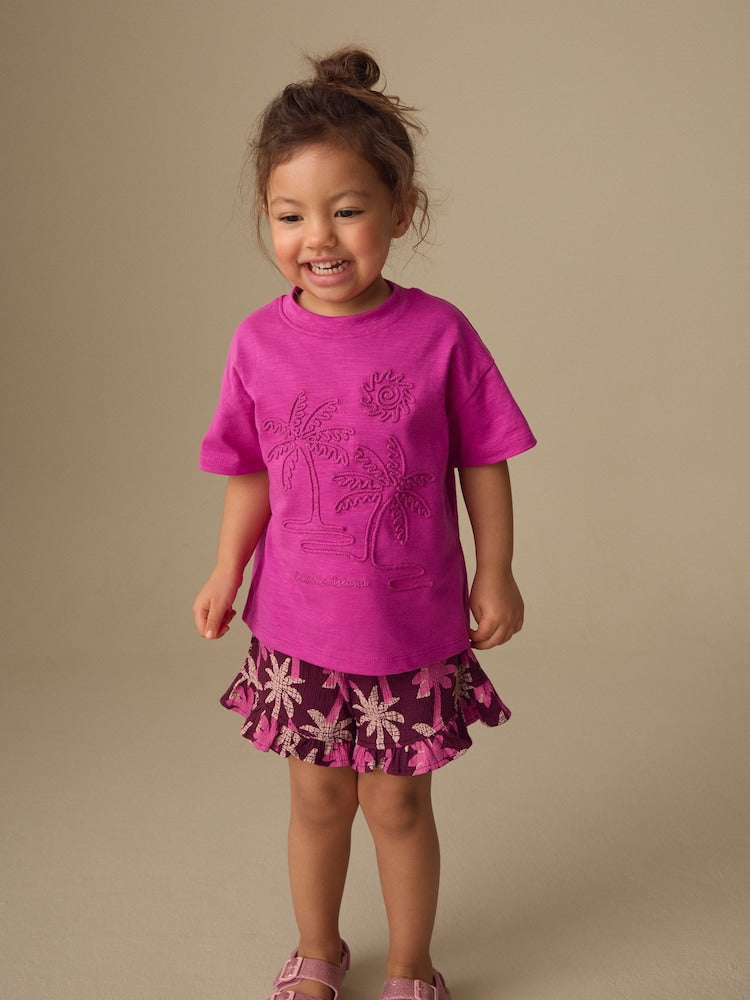 Pink/Purple Palm Tree Embroidery Short Sleeve Top and Shorts Set (3mths-7yrs)